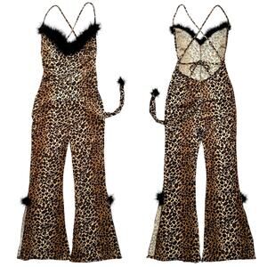 Vintage Frederick’s of Hollywood jumpsuit Leopard animal feathers Fur Tail Small
